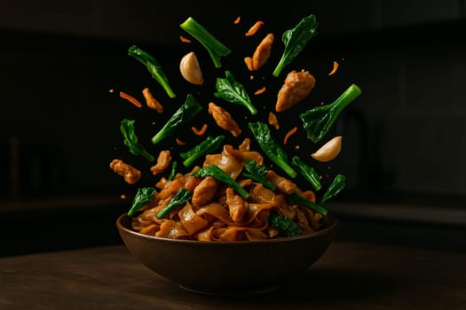 AI generated image of Pad See Ew with stir fry ingredients bursting in air in a dark moody kitchen scene for culinary commercial and editorial use