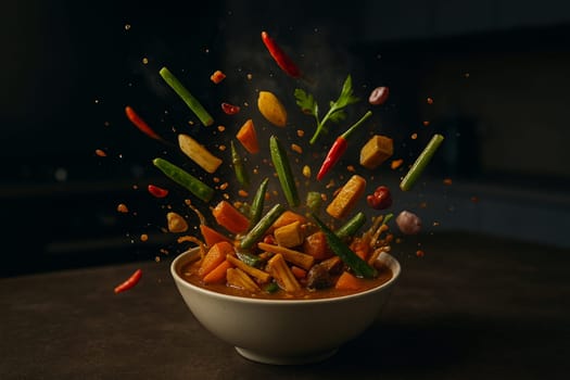 AI generated Thai fermented fish curry with herbs chili and spices bursting in air over a warm moody kitchen with dark blurred background and focused light