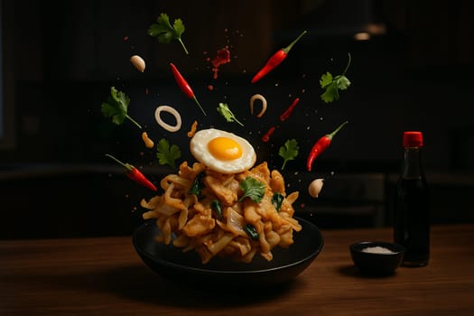 AI generated Thai stir fried chicken noodles exploding with ingredients in a dramatic low light kitchen scene focused on flavor and modern culinary design
