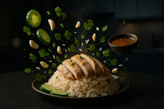 AI generated image of Thai poached chicken on jasmine rice with herbs and sauce ingredients floating midair in a dim modern kitchen setting