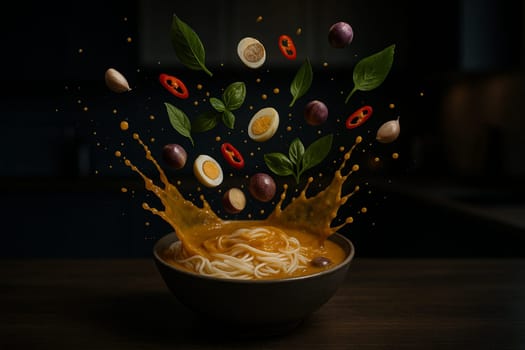 AI generated Thai rice noodle curry with flying herbs chili and ingredients in low light modern kitchen with dark blurred background