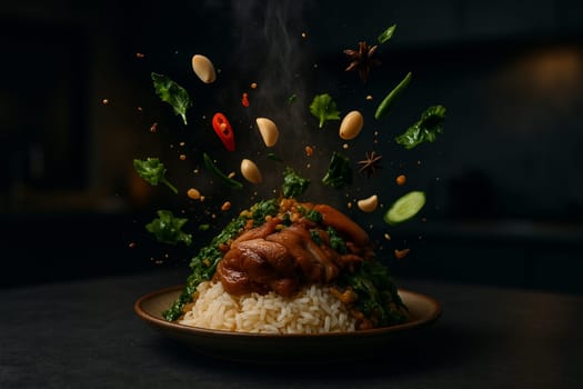 AI generated image of Thai pork leg over rice with herbs garlic and spices flying through the air in a dark moody modern kitchen