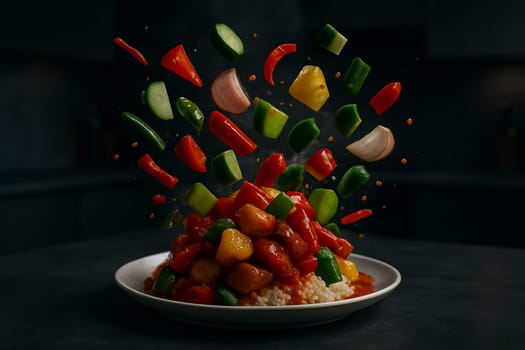 AI generated image of Thai sweet and sour stir fry with vegetables and sauce bursting midair in a low light modern kitchen environment