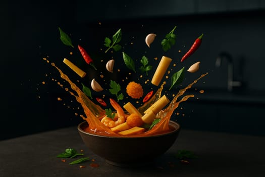 AI generated Thai sour curry with bamboo shoots and golden fish roe bursting mid air in a dramatic low light kitchen capturing flavor intensity and culinary motion