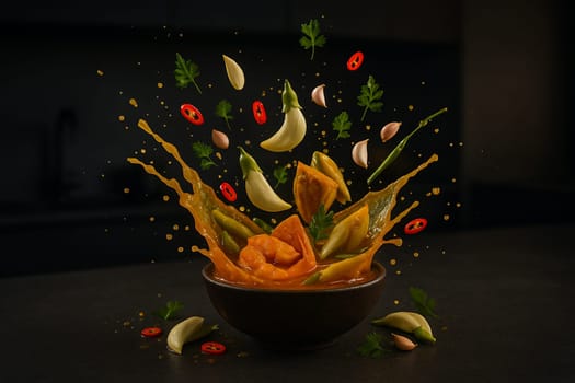 AI generated Thai sour curry with sesbania flowers and herbs exploding mid air in a low light modern kitchen capturing vibrant textures and motion for culinary storytelling