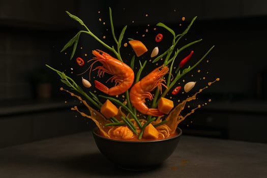 AI generated Thai sour curry with prawns and morning glory captured mid splash in a dark kitchen showcasing traditional ingredients with modern dramatic style