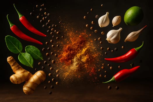 AI generated image of vibrant Thai spices flying inward in dramatic lighting with dark blurry background suitable for food concepts marketing and creative culinary branding