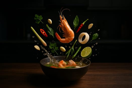 AI generated Thai clear seafood soup bursting with fresh herbs and spices mid air in a dramatic modern kitchen setup perfect for bold culinary themes