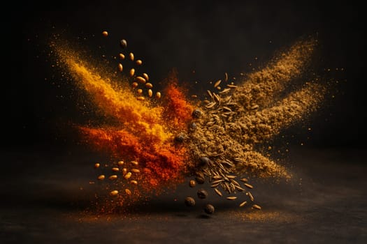 AI generated dynamic burst of colorful Indian spices flying toward center on dark blurred background following rule of thirds perfect for culinary ads and cultural visuals