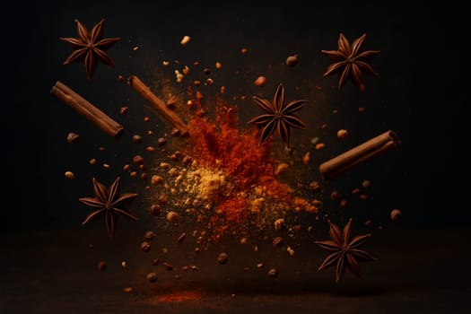 AI generated image of vibrant Chinese spices flying inward with dark moody background spotlight at center for culinary branding and food concept