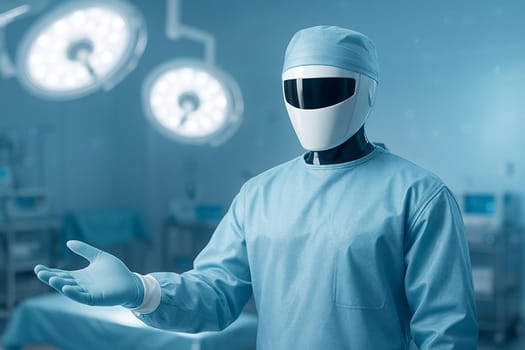 AI generated image of a sleek humanoid robot in surgical attire standing in a high-tech operating room with clean lighting and a welcoming gesture ideal for futuristic medical concepts