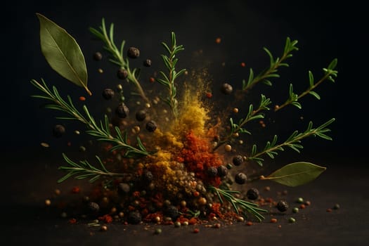 AI generated image of dynamic flying European spices converging at center with dark moody background for culinary marketing design