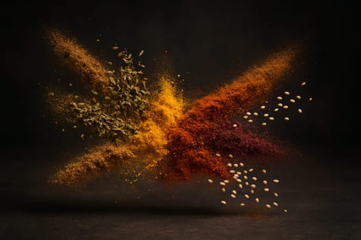 AI generated vibrant burst of Middle Eastern spices captured midair with dramatic lighting and soft blur background ideal for culinary business and creative marketing visuals