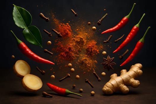 AI generated image of vibrant Thai spices flying inward in dramatic lighting with dark blurry background suitable for food concepts marketing and creative culinary branding
