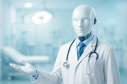 AI generated image of a glossy humanoid robot doctor invitingly gesturing in a bright futuristic hospital exam room with clean lighting and digital sci-fi ambiance