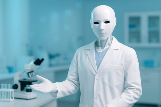 AI generated white translucent robot in medical lab inviting clean bright hospital setting with advanced equipment