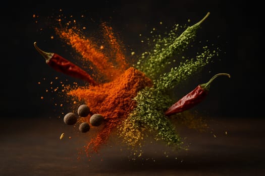 AI generated spices fly inward from edges highlighting Mexican flavors with warm tones central focus and soft blurred dark background ideal for food and business visuals
