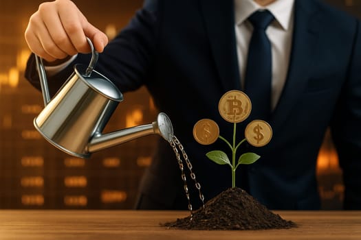 AI generated image of a businessman in suit watering a plant with coins as leaves representing bitcoin dollar and gold with a stock market background and futuristic golden digital light