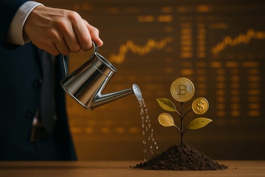 AI generated image of a businessman in suit watering a plant with coins as leaves representing bitcoin dollar and gold with a stock market background and futuristic golden digital light