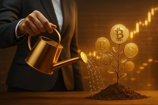 AI generated image of a suited person watering a coin leaf tree with a golden can symbolizing growth in bitcoin dollar and gold on a futuristic stock market background