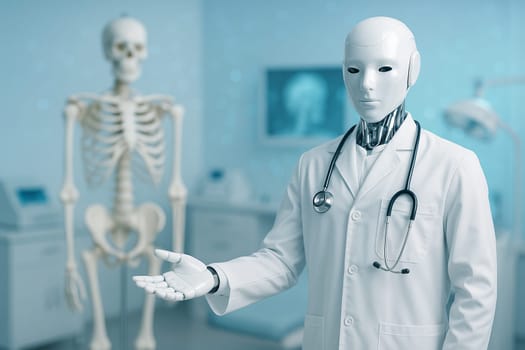 AI generated image of a sleek humanoid robot in orthopedic attire inviting patients in a high-tech clinic with clean lighting skeleton model and a futuristic medical ambiance