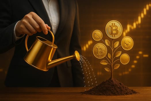 AI generated image of a suited person watering a money tree with bitcoin dollar and gold coin leaves symbolizing financial growth on a futuristic stock market background