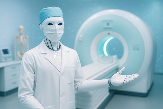 AI generated image of a glossy white humanoid robot in a medical lab coat standing in a modern MRI room with clean lighting and digital sci fi mood perfect for future healthcare themes