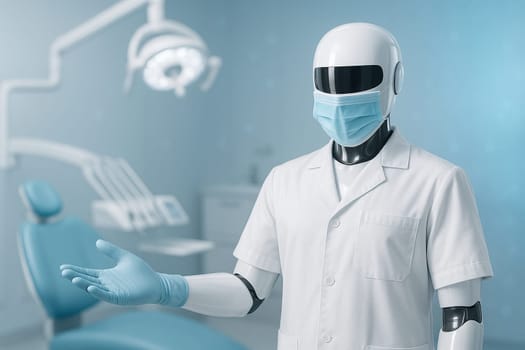AI generated image of a modern white humanoid robot in dental attire welcoming patients in a bright futuristic clinic with advanced equipment and a calm digital atmosphere