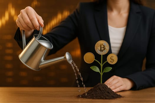 AI generated image of a woman in a suit watering a plant with coin leaves symbolizing bitcoin dollar and gold on dark stock market background with futuristic golden glow