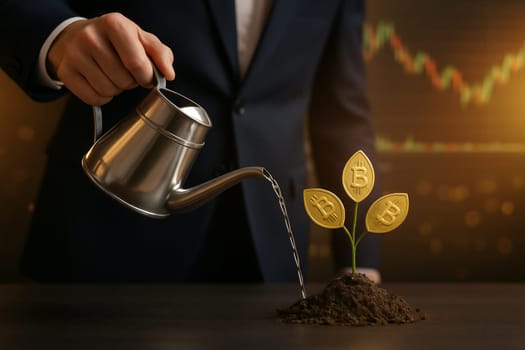 AI generated image of a man in suit watering crypto coin tree on soil with stock market board background low light