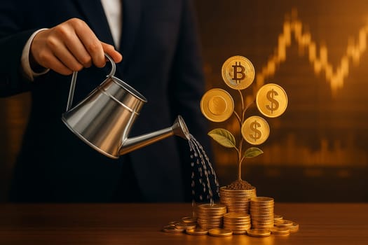 AI generated image of a person in a suit watering a coin tree sprouting from gold with bitcoin dollar and gold leaves set against a digital stock market background