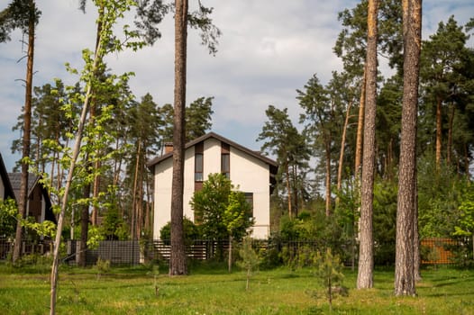 Beautiful exterior of new house with facade and brown roof. White residential houses in the village surrounded by pine forest. Various trees around the house. House in a forest