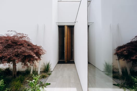 In the center of a long hallway that leads to a door, there stands a unique and striking tree, creating a remarkable visual feature and atmosphere