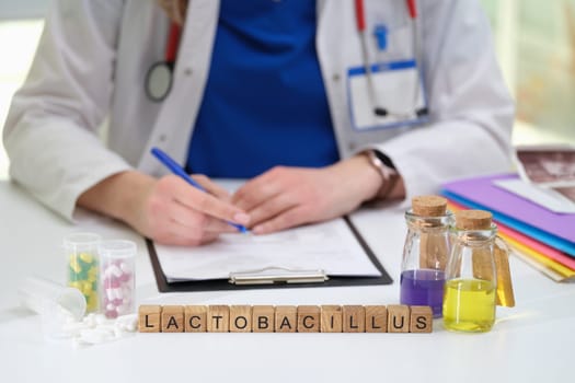 A diligent scientist in a lab coat meticulously studies Lactobacillus using colorful solutions and detailed notes