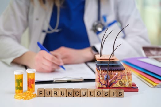 A qualified healthcare professional meticulously documents treatments for furunculosis utilizing various medical tools