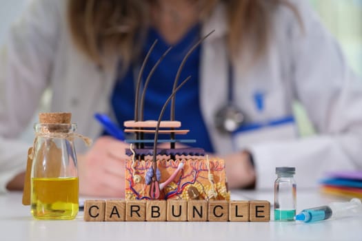 An informative visual representation of carbuncles displayed alongside medical tools in a clinical setting