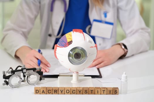 A medical professional is examining the anatomy of the eye as well as conditions such as dacryocystitis