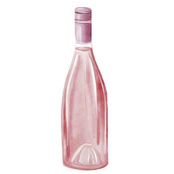 Wine bottle watercolor. Hand drawn pink alcoholic drink in glass. Clip art of drink. Ideal for advertising posters of bar and restaurant menu. High quality illustration