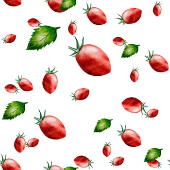 Tomato with basil watercolor pattern. Hand drawn cherry tomatoes on a branch with black pepper. Ideal for textile printing, for packaging tomato products. High quality illustration