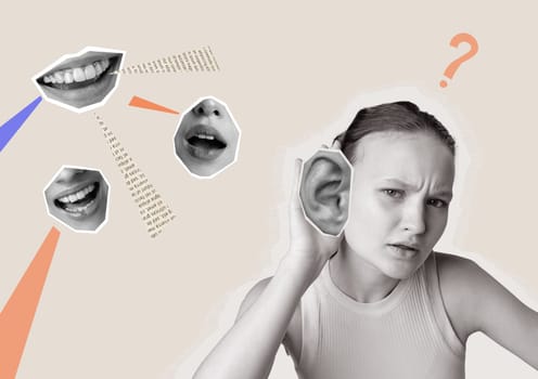 A young woman is portrayed with a quizzical expression while holding her ear, surrounded by abstract elements representing speech and sound.