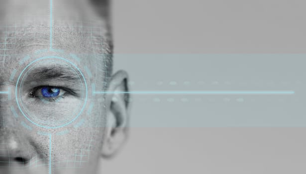 A detailed close-up highlights a human eye integrated with digital scanning technology. The futuristic design features blue details and grid patterns, representing biometric identification.