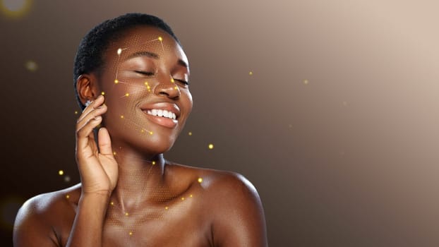 A young woman with short hair smiles radiantly while gently touching her face. Soft light illuminates her skin, enhancing natural beauty with sparkling effects in a calm setting.