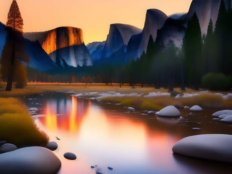 AI generated breathtaking panoramic landscape of the Yosemite Valley at dawn, with the Merced River winding through the valley floor. The sky is painted with soft pastel colors, casting a gentle glow across the granite cliffs. Photorealism rendering