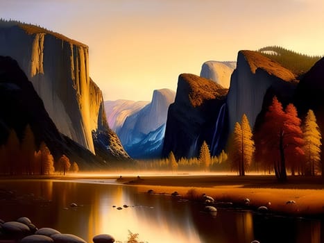 AI generated breathtaking panoramic landscape of the Yosemite Valley at dawn, with the Merced River winding through the valley floor. The sky is painted with soft pastel colors, casting a gentle glow across the granite cliffs. Photorealism rendering