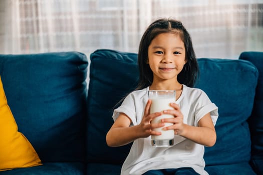 A joyful Asian girl sips her milk on the sofa her cheerful expression underscoring the role of daily health care and nutrition in a child's life.