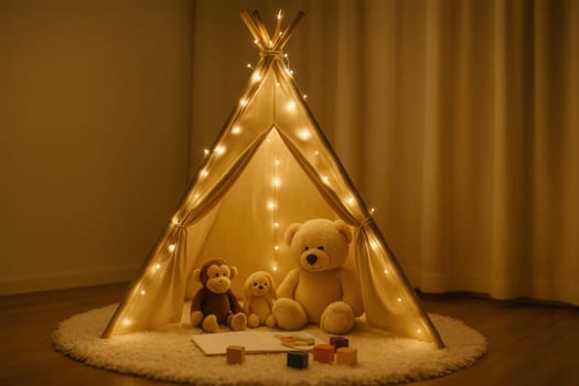 Warm and cozy nighttime scene with plush toys inside a kids' tent lit by glowing string lights. Ideal for childhood themes, sleepovers, or imaginative play visuals