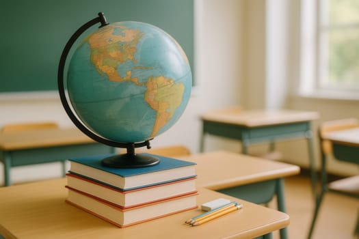 Colorful globe placed on a stack of books with pencils and erasers nearby in a bright classroom. Ideal for educational content, geography lessons, school visuals, and academic themes