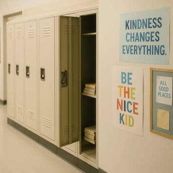 Open beige locker filled with books next to colorful motivational posters on a school hallway wall. Great for educational visuals, student life, back-to-school themes, and positive messaging