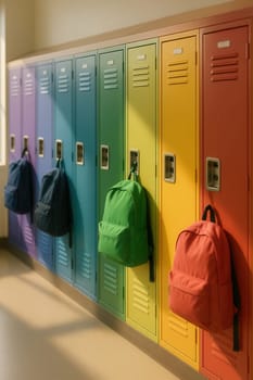 Bright rainbow-colored lockers with hanging backpacks line a sunlit school hallway. Ideal for education-related visuals, back-to-school campaigns, student life, and cheerful school interiors.