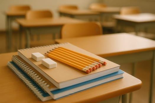 A clean stack of notebooks with sharpened pencils and erasers on a classroom desk, captured in warm natural light. Great for education visuals, school prep materials, or learning-focused designs